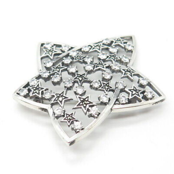 925 Sterling Silver Real Marcasite Gemstone & C Z Star Pin Brooch - Picture 6 of 8